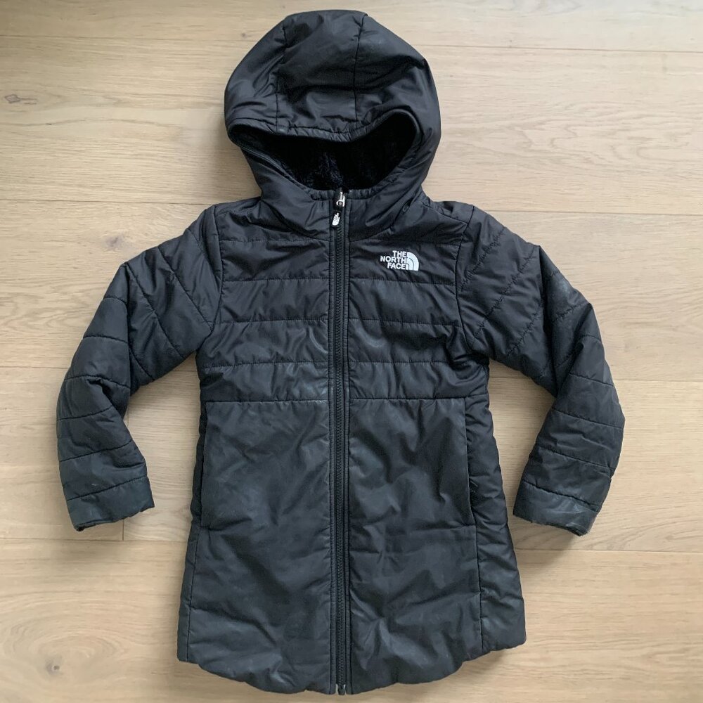 THE NORTH FACE Girls' Reversible Mossbud Swirl Parka Black Quilted Girls XS (6)
